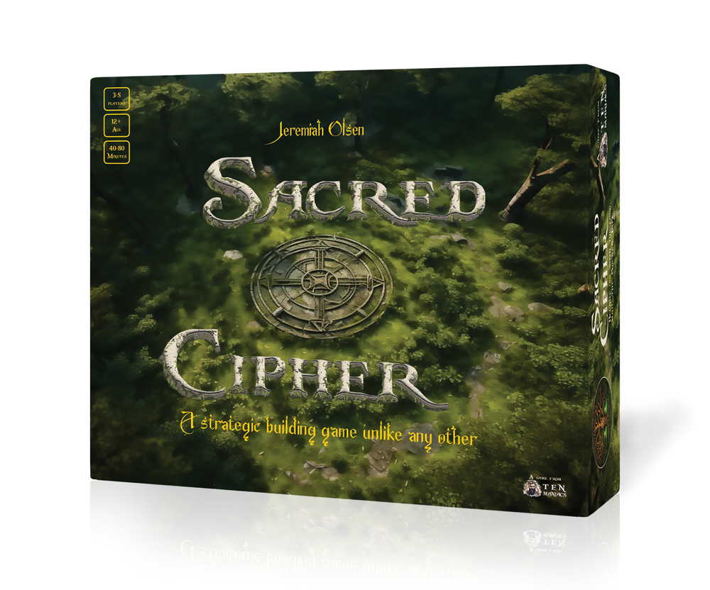 Sacred Cipher - Dark green board game box with metallic silver text "Sacred Cipher," featuring a circular, ancient stone-like cipher emblem.