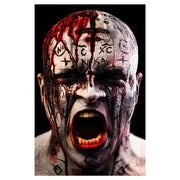 Mork Borg: Empire of Hatred - Head covered in white paint with black cryptic symbols and red blood streaks, mouth open in a scream.