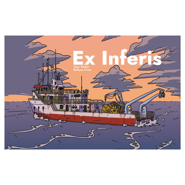 Liminal Horror: Ex Inferis - Illustrated ship at sea with cranes and antennas under dramatic purple and orange sunset sky, text "Ex Inferis" visible.