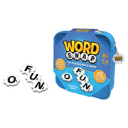 WordSnap - Blue square tin box with yellow and white "Word Snap" logo, surrounded by white letter tiles spelling FUN and O on a white.