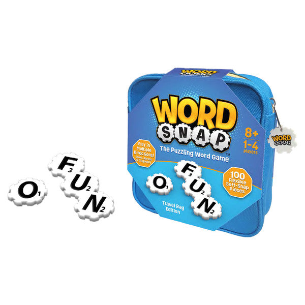 WordSnap - Blue square tin box with yellow and white "Word Snap" logo, surrounded by white letter tiles spelling FUN and O on a white.