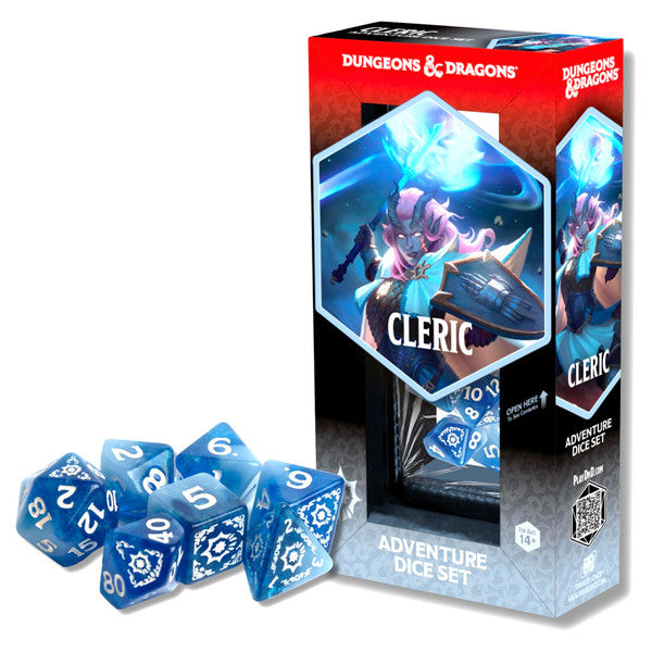 D&D Adventure Dice: Cleric (White / Blue) - Set of white and blue translucent polyhedral dice with white numbers, designed for D&D Cleric characters, displayed next to.