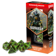 D&D Adventure Dice: Barbarian (Green / Brown) - Green and brown polyhedral dice set with barbarian-themed symbols, in a Dungeons & Dragons box.