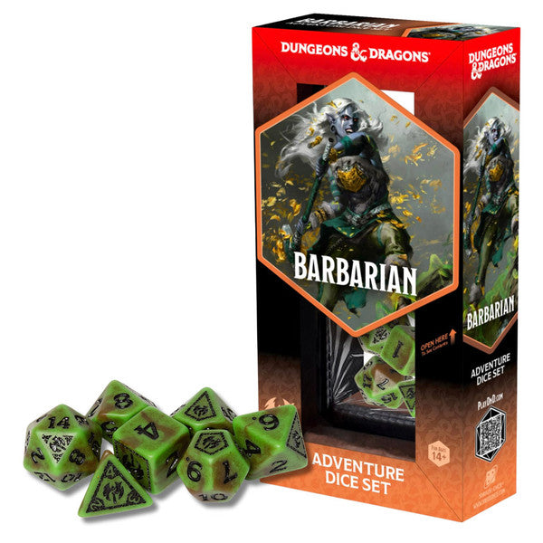 D&D Adventure Dice: Barbarian (Green / Brown) - Green and brown polyhedral dice set with barbarian-themed symbols, in a Dungeons & Dragons box.