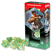 D&D Adventure Dice: Ranger (White / Green) - Set of translucent green polyhedral dice with yellow numbers, designed for role-playing games, next to a red and green box.