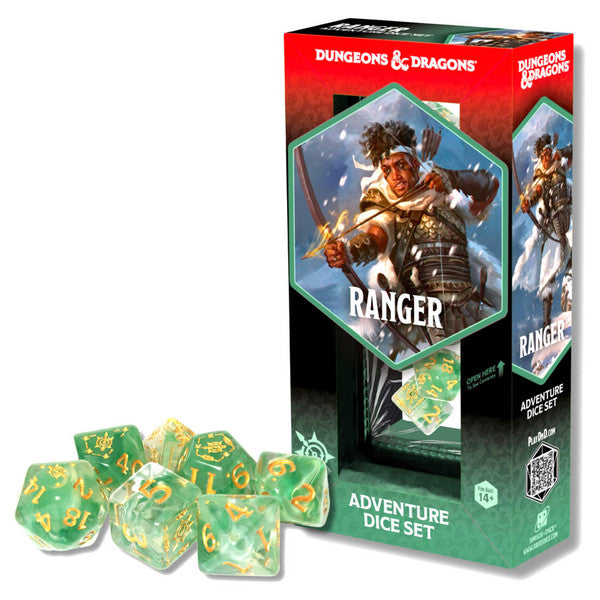 D&D Adventure Dice: Ranger (White / Green) - Set of translucent green polyhedral dice with yellow numbers, designed for role-playing games, next to a red and green box.
