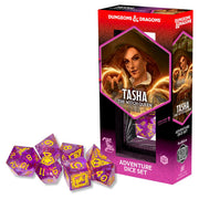 D&D Adventure Dice: Tasha the Witch Queen (Sharp-Edged Dice Set) - Purple sharp-edged polyhedral dice set with gold numbers and dragon-themed box featuring Tasha the Witch Queen artwork.
