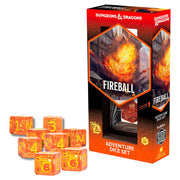 D&D Adventure Dice: Fireball - Set of seven translucent orange polyhedral dice with glowing gold numbers, displayed next to a box labeled "Fireball".