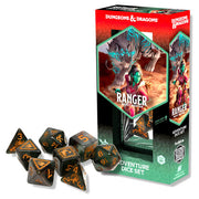 D&D Adventure Dice: Ranger: Beast Master - Black D&D dice set with orange numbers, featuring a 20-sided die and other polyhedral shapes in a Ranger Beast Master themed