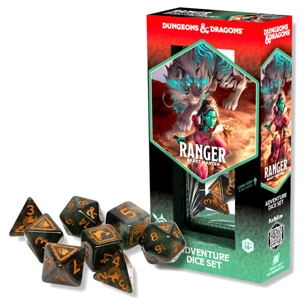D&D Adventure Dice: Ranger: Beast Master - Black D&D dice set with orange numbers, featuring a 20-sided die and other polyhedral shapes in a Ranger Beast Master themed