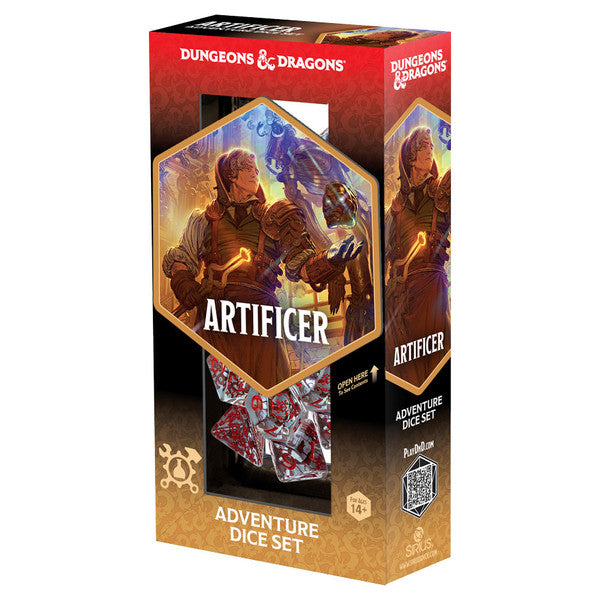 D&D Adventure Dice: Artificer (Clear) - Clear polyhedral dice set with red and black circuit-like engravings in Dungeons & Dragons Artificer-themed box.