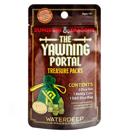 D&D: The Yawning Portal Treasure Pack Blind Bags - D&D Yawning Portal Treasure Pack blind bag with dark fantasy design, featuring green bag illustration and gold text.