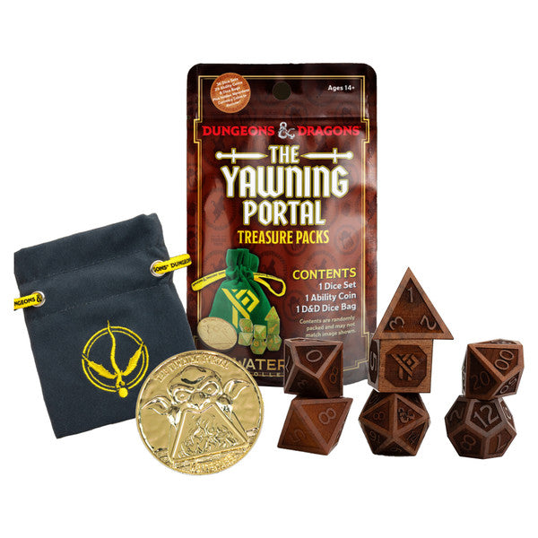 D&D: The Yawning Portal Treasure Pack Blind Bags - D&D The Yawning Portal Treasure Pack with brown polyhedral dice, gold coin, black cloth pouch with yellow emblem, and.