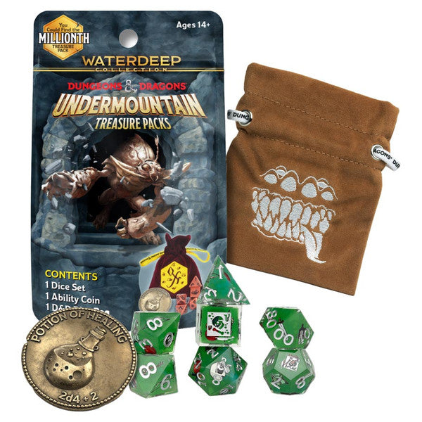 D&D: Undermountain Treasure Pack Blind Bags - D&D Undermountain Treasure Packs gaming dice set with green polyhedral dice, bronze-colored metal coin, and brown drawstring