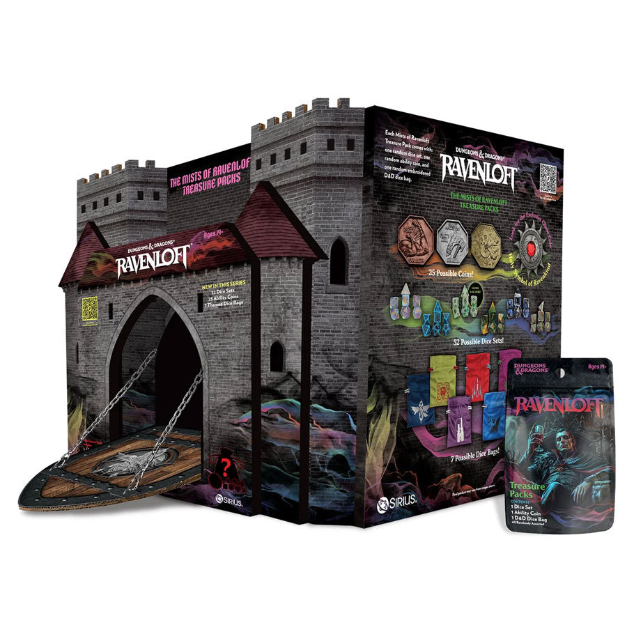 D&D: Mists of Ravenloft: Treasure Packs - Mists of Ravenloft branding and colorful dice sets displayed on the side, alongside a small dice bag with matching design.