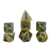Sirius Dice Stranger Things Adventure Dice - Mike - Set of translucent yellow polyhedral dice with black Stranger Things-themed icons including a bicycle, walkie-talkie, and.
