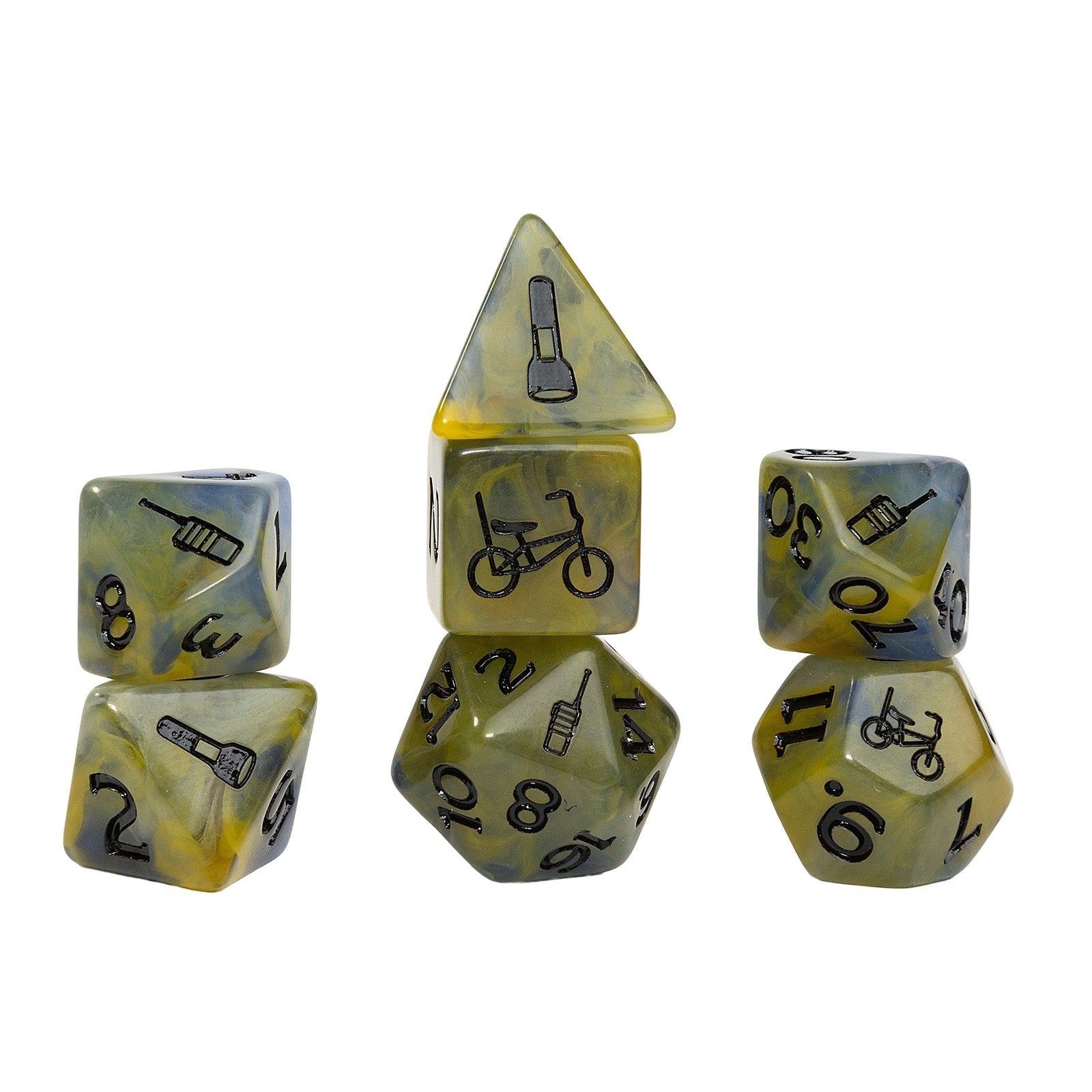 Sirius Dice Stranger Things Adventure Dice - Mike - Set of translucent yellow polyhedral dice with black Stranger Things-themed icons including a bicycle, walkie-talkie, and.