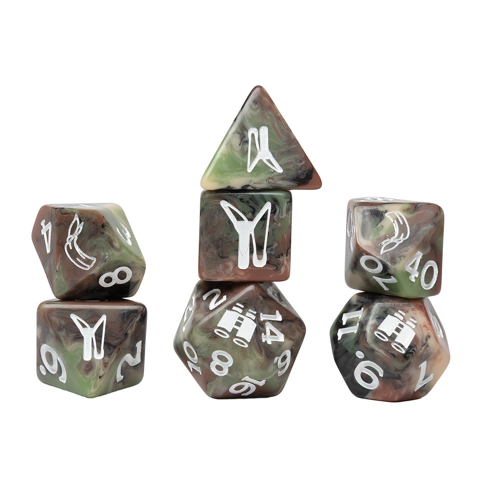 Sirius Dice Stranger Things Adventure Dice - Lucas (PREORDER) - Set of seven marbled green and brown polyhedral dice with white engraved fantasy symbols and numbers.