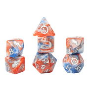 Sirius Dice Stranger Things Adventure Dice - Dustin - Set of six polyhedral dice in orange, blue, and white swirl pattern with white Stranger Things-themed symbols and numbers.
