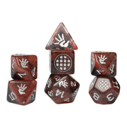 Sirius Dice Stranger Things Adventure Dice - Eleven - Set of dark red multi-sided dice with white handprint symbols and circular grid designs, glossy finish.