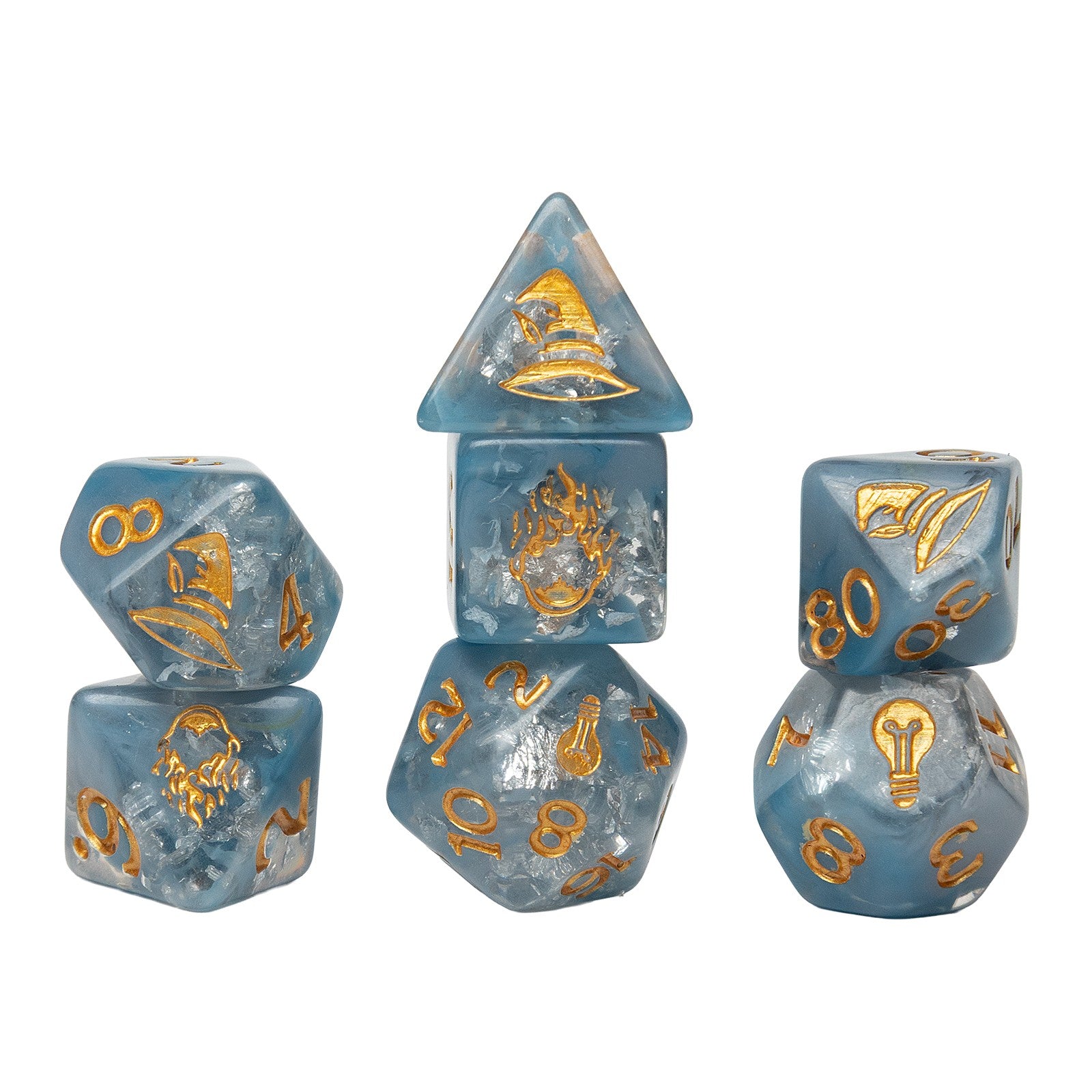 Sirius Dice Stranger Things Adventure Dice - Will - Six translucent blue polyhedral dice with gold Stranger Things-themed engravings including a ship, crab, lightbulb, flame,.