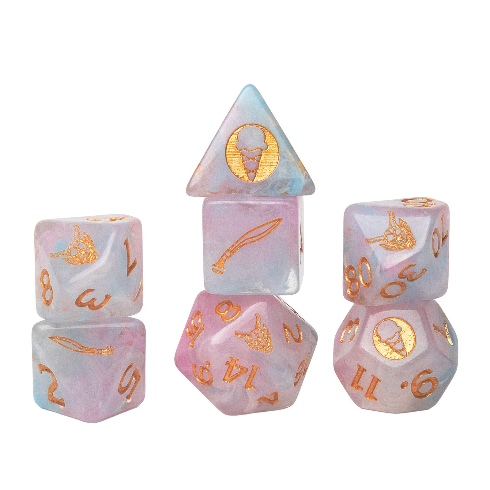 Sirius Dice Stranger Things Adventure Dice - Erica - Set of six translucent pastel purple polyhedral dice with gold engraved Stranger Things symbols and numbers, including a.