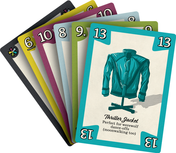 Seers Catalog - Colorful playing cards fanned out, featuring a teal thriller jacket illustration on the front card with numbers and.