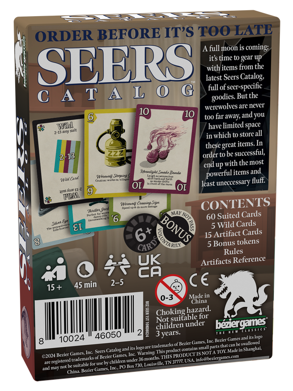 Seers Catalog - Seers Catalog card game box with colorful numbered cards featuring dragon illustrations and rulebook on dark background.