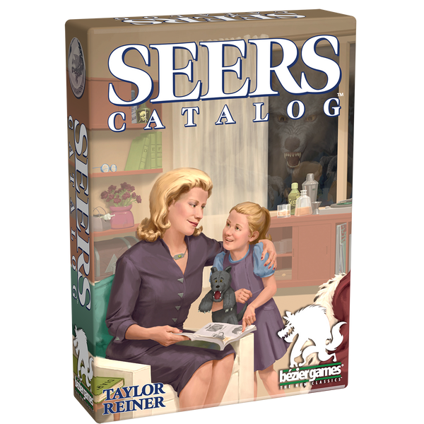Seers Catalog - Seers Catalog card game box with artwork of woman and child reading together in cozy kitchen setting.