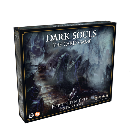 Dark Souls: CG: Forgotten Paths - The Card Game Forgotten Paths Expansion box with dark, eerie fantasy artwork and misty forest background.