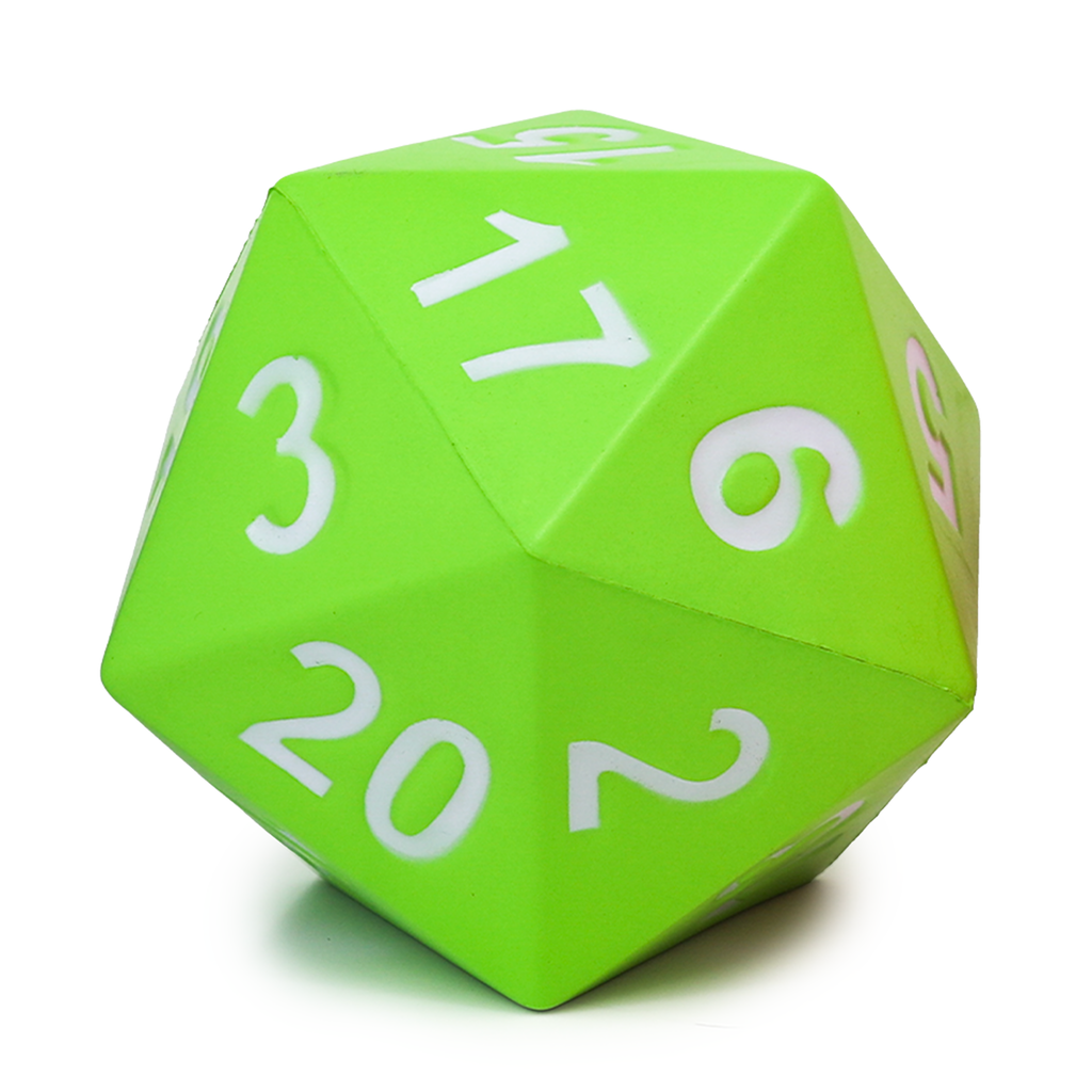 Giant D20 Foam Dice - Green (PREORDER) - Large green foam 20-sided dice with white numbers for tabletop gaming or decoration.