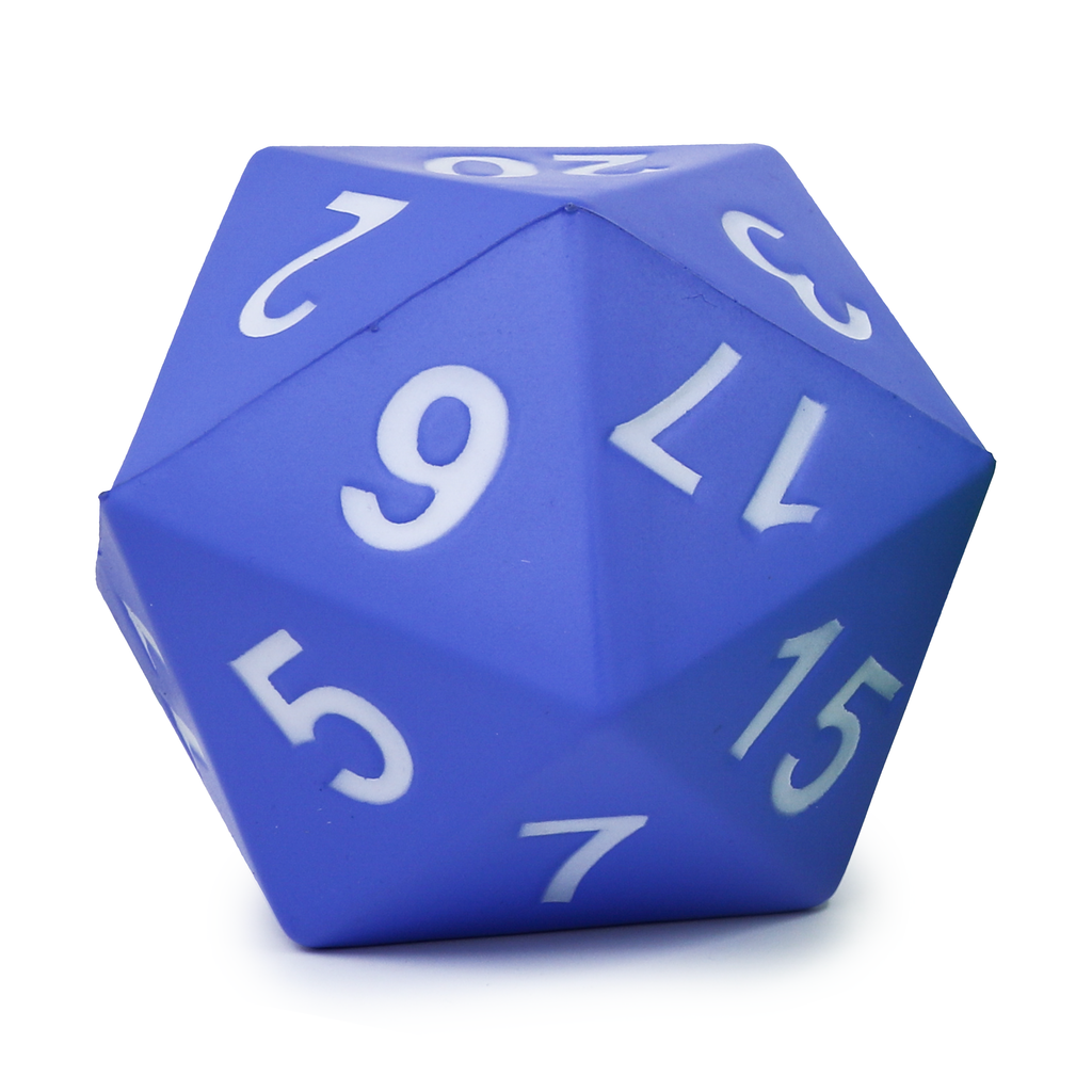 Giant D20 Foam Dice - Periwinkle (PREORDER) - Large periwinkle blue foam 20-sided dice with white numbers in bold font.