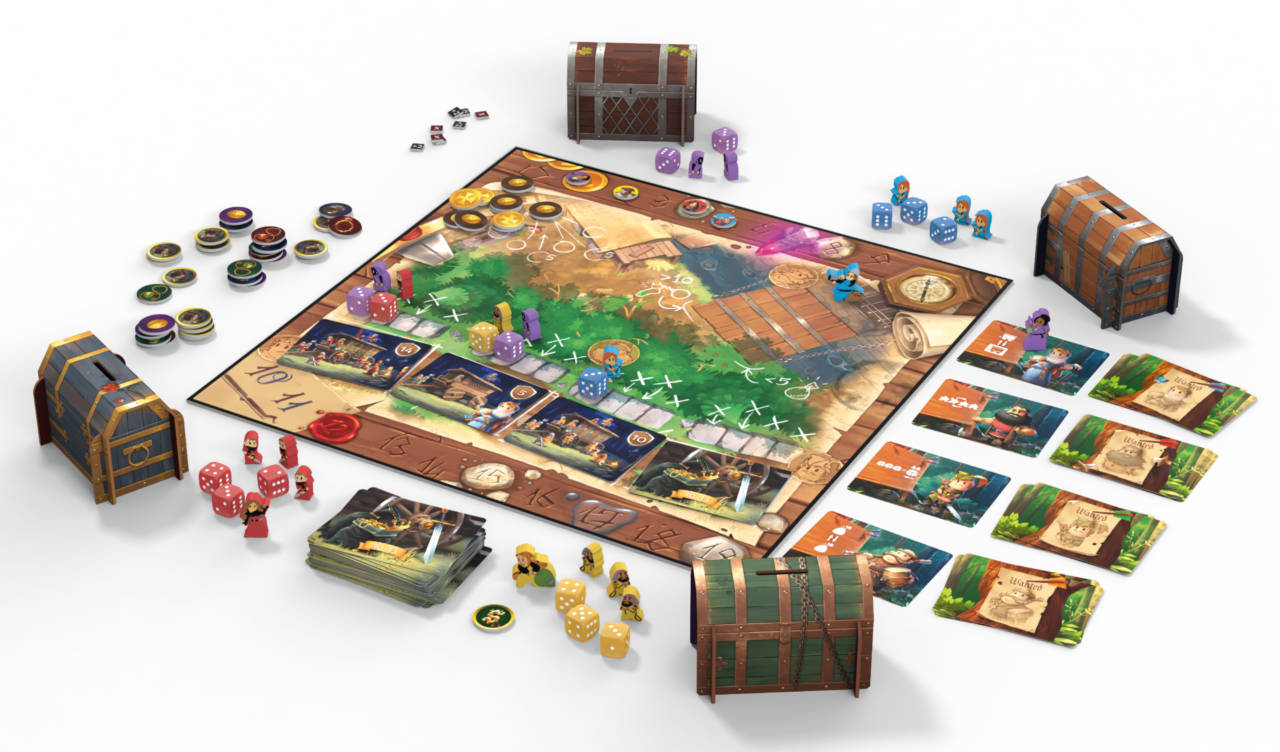 Sherwood Bandits: Big Box - Sherwood Bandits board game setup with illustrated map board, multiple treasure chests, colorful player tokens, dice, cards,