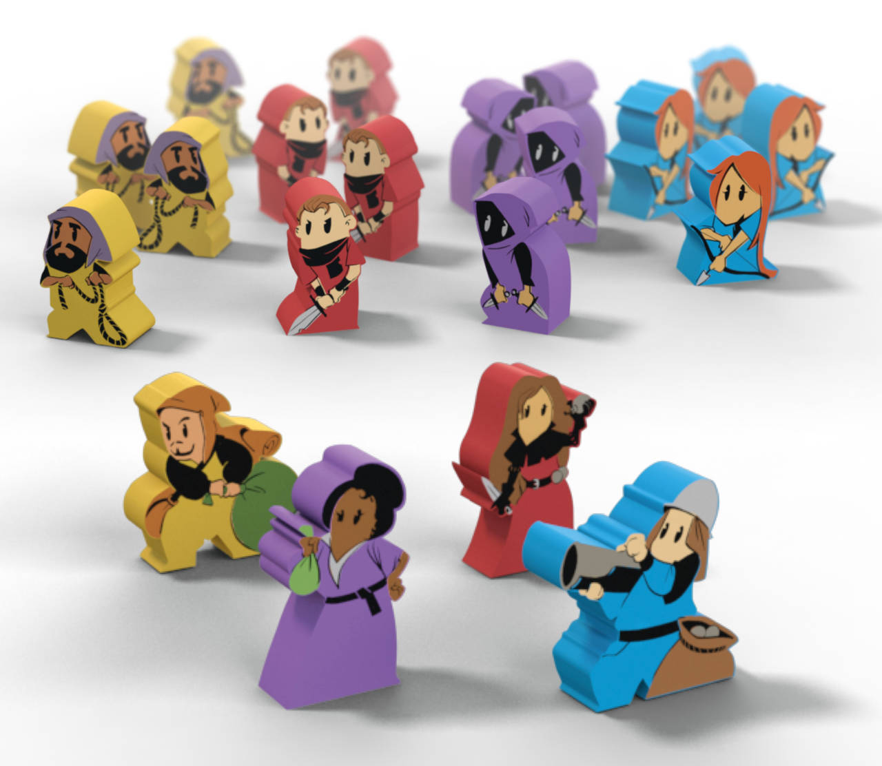 Sherwood Bandits: Big Box - Colorful wooden game pieces shaped like medieval bandits and townsfolk in yellow, red, purple, and blue robes with various.