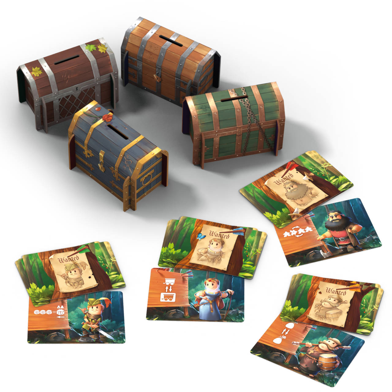 Sherwood Bandits: Big Box - Set of five colorful game chests in brown, green, and blue with metal accents, accompanied by illustrated game cards.