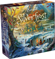 Everdell: Silverfrost Essentials Edition (PREORDER) - Board game box with a snowy village scene, warm glowing lights, and two small woodland characters near an icy river, titled.