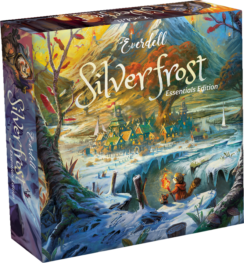 Everdell: Silverfrost Essentials Edition (PREORDER) - Board game box with a snowy village scene, warm glowing lights, and two small woodland characters near an icy river, titled.