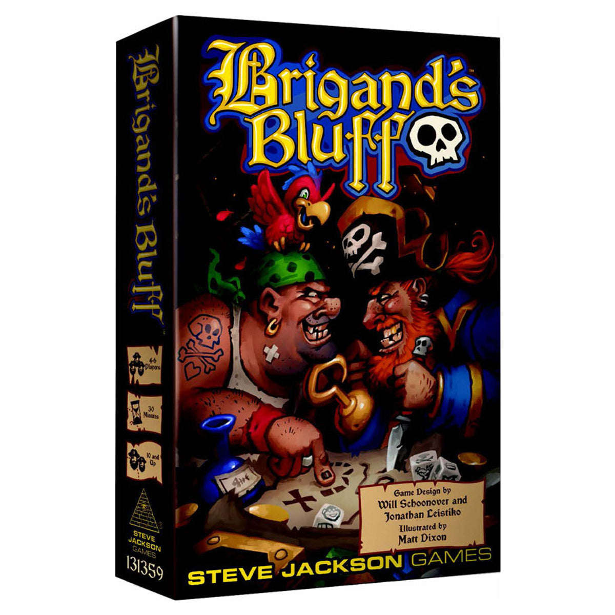 Brigand's Bluff (PREORDER) - Brigand's Bluff game box with colorful pirate characters, skull icon, and treasure map artwork on a black background.