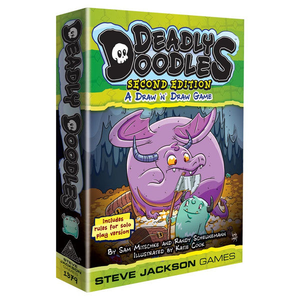 Deadly Doodles 2nd Edition - Deadly Doodles 2nd Edition board game box featuring a purple cartoon monster drawing a green doodle on parchment with a dark