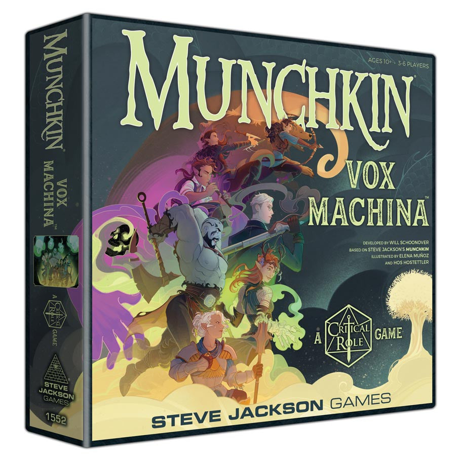 Munchkin Vox Machina: A Critical Role Game (PREORDER) - Munchkin Vox Machina card game box with colorful fantasy characters and dark purple-green background.