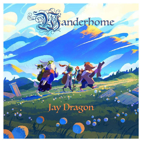 Wanderhome - Colorful fantasy landscape with rolling hills, wildflowers, and three anthropomorphic animal characters walking toward blue.