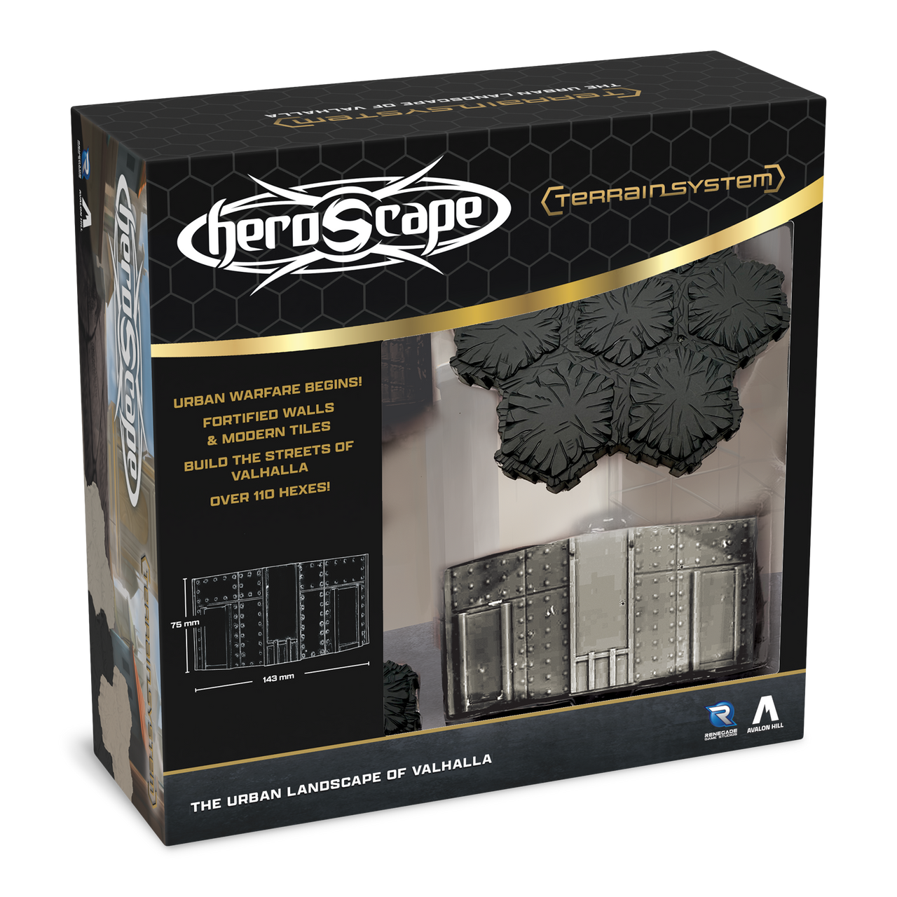 Heroscape: The Urban Landscape of Valhalla Terrain Expansion (PREORDER) - Heroscape Urban Landscape of Valhalla terrain expansion box showing plastic fortress walls and hexagonal rock-patterned.