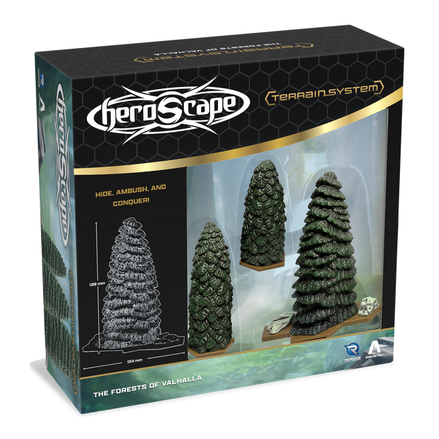 Heroscape: Forests of Valhalla Terrain Expansion (PREORDER) - Heroscape Forests of Valhalla Terrain Expansion box showing three detailed plastic forest trees in dark green and gray tones.
