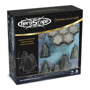 Heroscape: The Caverns of Valhalla Terrain Expansion (PREORDER) - Heroscape Caverns of Valhalla terrain expansion box featuring gray rock formations and hexagonal base pieces with a blue.