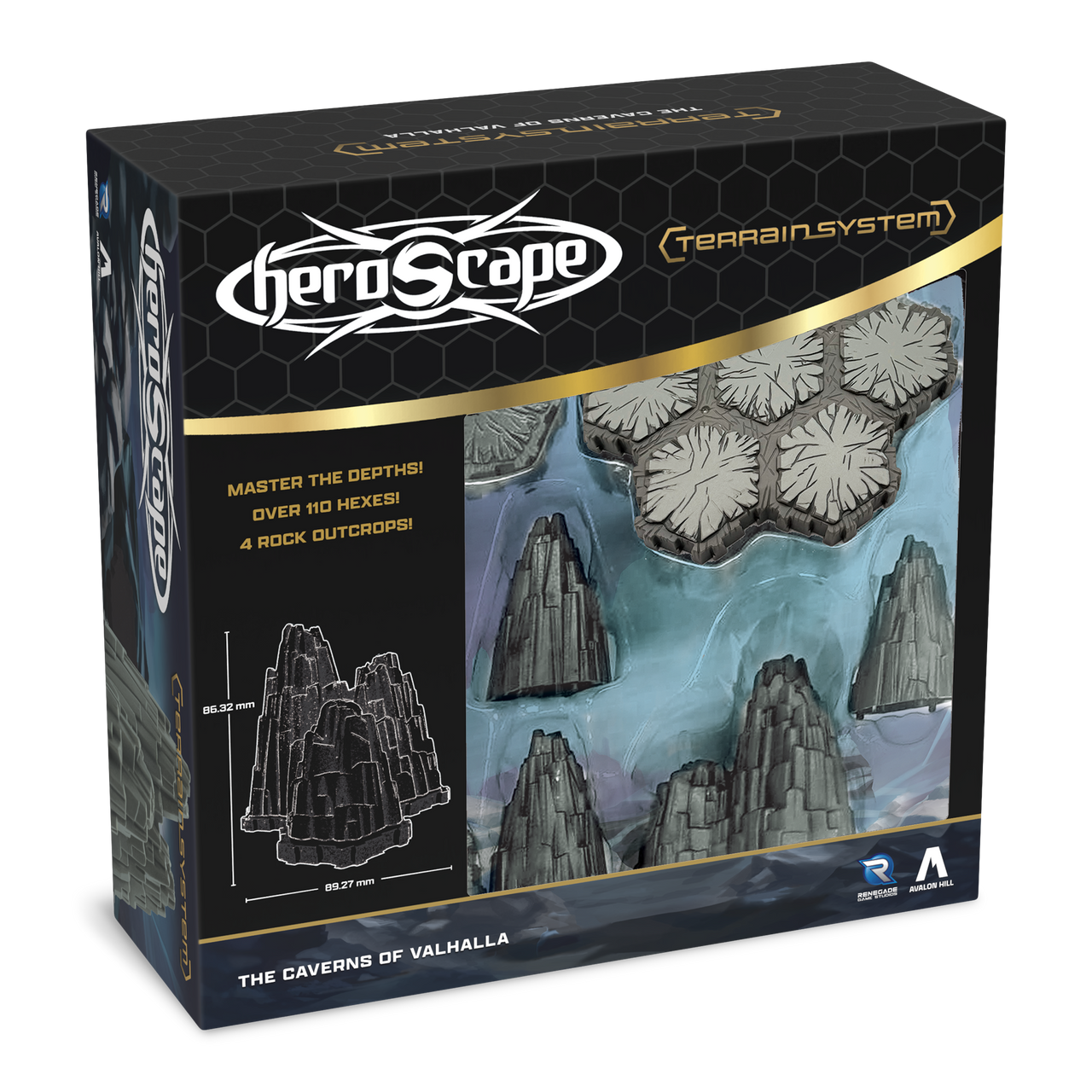 Heroscape: The Caverns of Valhalla Terrain Expansion (PREORDER) - Heroscape Caverns of Valhalla terrain expansion box featuring gray rock formations and hexagonal base pieces with a blue.