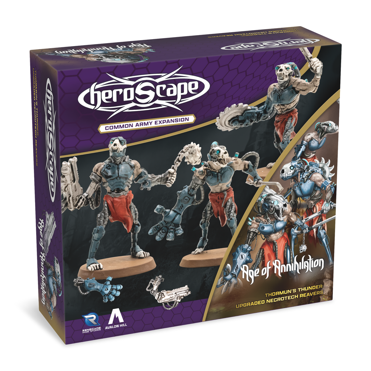 Heroscape: Army Expansion - Upgraded Necrotech Reavers (PREORDER) - Heroscape Upgraded Necrotech Reavers box showing four skeletal warrior miniatures with weapons, painted in gray and blue.