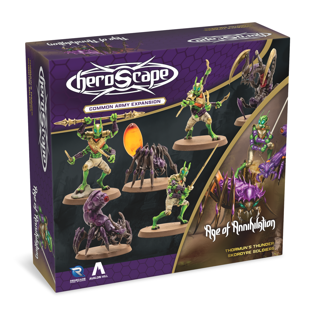 Heroscape: Army Expansion - Skordyre Soldiers (PREORDER) - Heroscape Skordyre Soldiers expansion box featuring green-armored insectoid warriors and large purple arachnid creatures on.