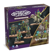 Heroscape: Chain Gruts and Ramosaur Rider Army Expansion - Heroscape Chain Gruts and Ramosaur Rider expansion box with painted fantasy warrior miniatures and dinosaur rider on purple.