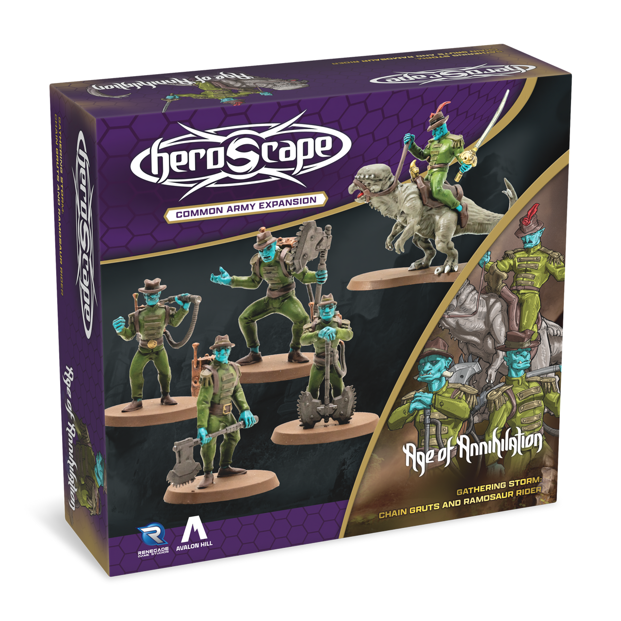 Heroscape: Chain Gruts and Ramosaur Rider Army Expansion - Heroscape Chain Gruts and Ramosaur Rider expansion box with painted fantasy warrior miniatures and dinosaur rider on purple.