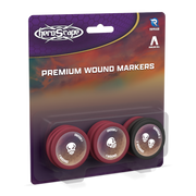 Heroscape: Premium Wound Markers (PREORDER) - Set of three round, dark red plastic wound markers with white skull icons and varying damage numbers.